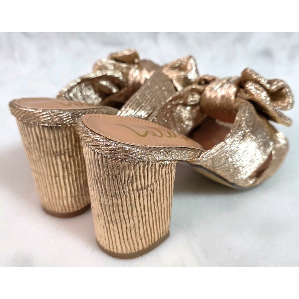 Lulus Gold Bow Block Heel Sandals Womens 5 Metallic Slip On Wedding Party Bridal - Picture 4 of 14
